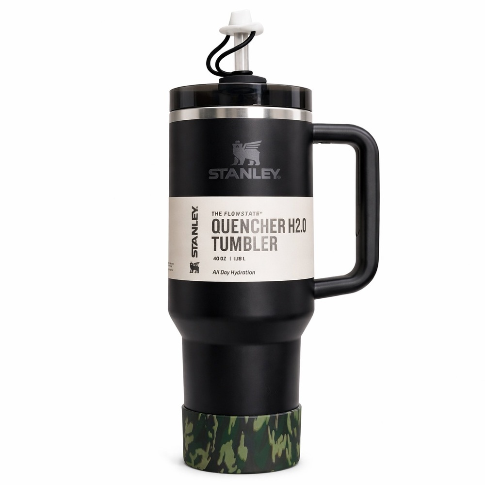 NWT Stanley Quencher 40oz Tumbler - Matte Black w/Camo Boot and CowboyHat Cover